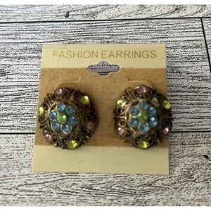 Round Button Multicolor Rhinestone Stud Fashion Earrings